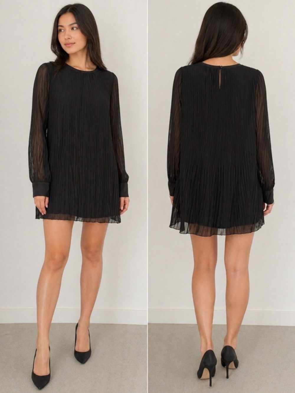 Zara Black Pleated Mini Dress Size M Sheer Long Sleeve Classic Elegant Evening
